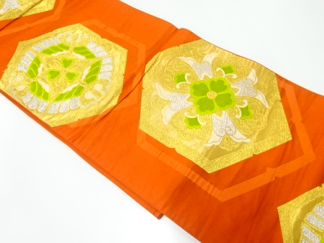 アンティーク　亀甲に蝶・花模様織出し袋帯（着用可）